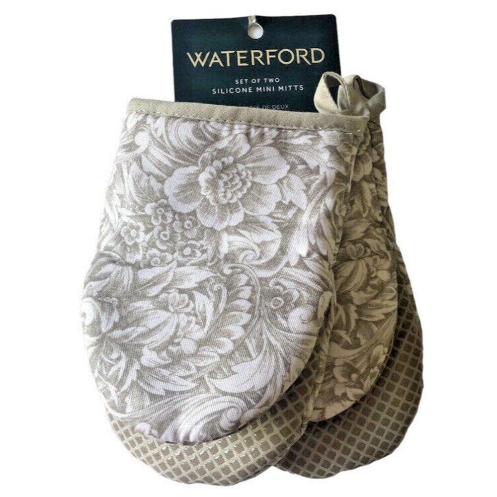 Waterford Mini Oven Mitts Set Of 2 Beige White Flowers Scroll Silicone Cotton